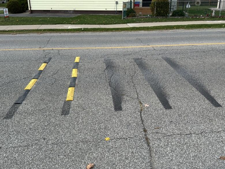 Rumble strips on a roadway.