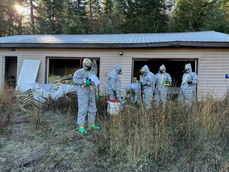 A group of people in hazmat suits outside a rundown property.