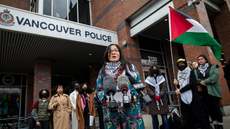 Members of the BCCLA and Pivot Legal hold a press conference outside of VPD offices min Vancouver, B.C, on Thursday, October 31, 2024.