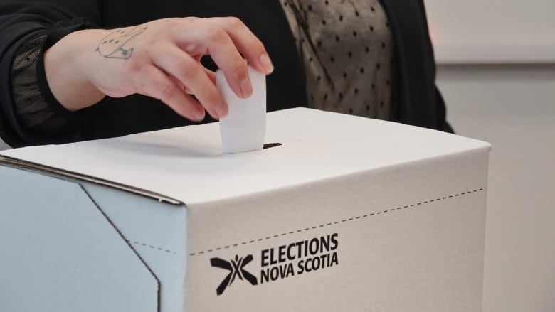 A hand is shown putting a paper ballot into a ballot box.