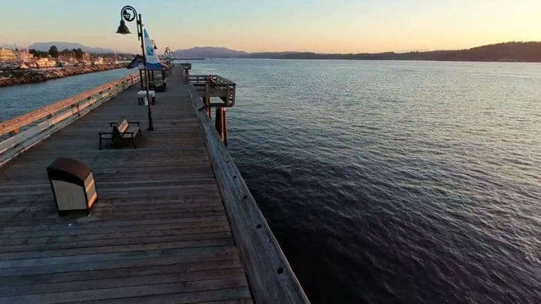 A boardwalk looks out over the ocean. 