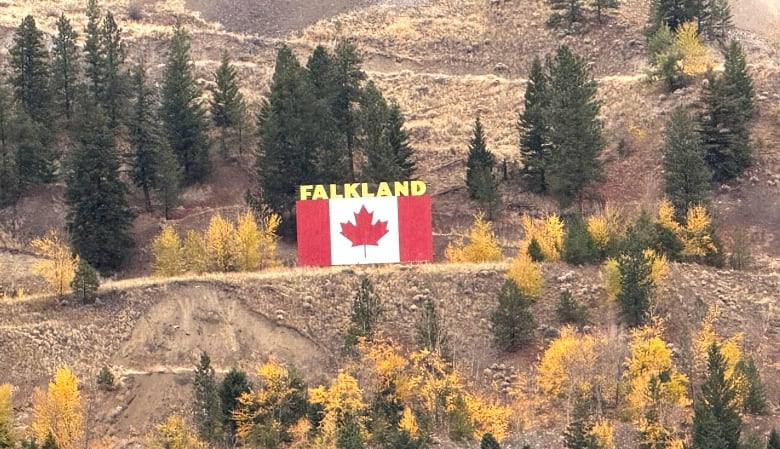 A giant Canadian flag on a hillside topped by the words, Falkland, in yellow.