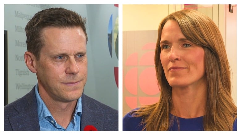 Man with blue jacket and woman with blue top.