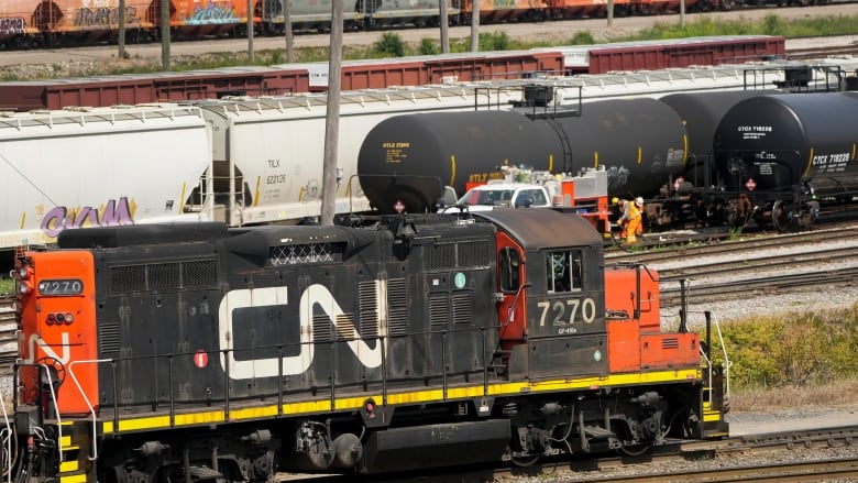 CN rail trains are shown at the CN MacMillan Yard in Vaughan, Ont., on June 20, 2022.