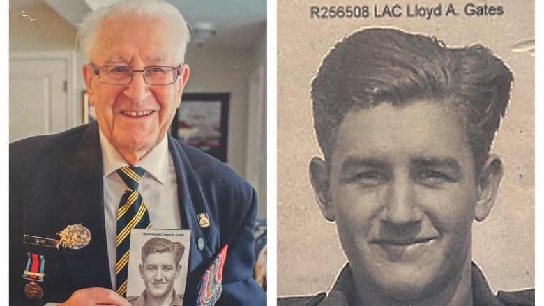 Two photos: first one shows senior man with white hair, dark balzer, shirt and tie, holding a photo of himself around age 18. Second photo is a closeup of the younger photo. 