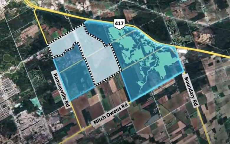 A map of the Tewin future suburb in Ottawa. New wetlands are to the east of the area where a development is planned. 