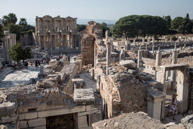 the ruins of the Library of Celsus in the ancient city of Ephesus on September 18, 2017 in Izmir, Turkey