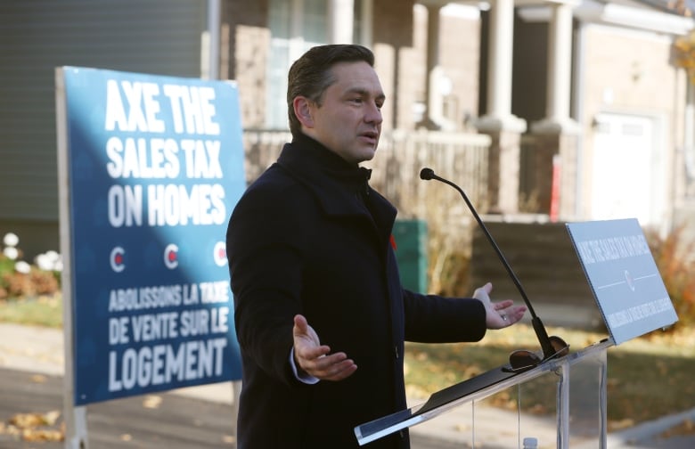 Conservative Leader Pierre Poilievre speaks at a press conference in Ottawa on Monday, Oct. 28, 2024.