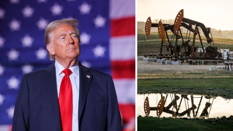 A man in a blue suit with a large red tie stands in front of an American flag. a separate image shows Pumpjacks in front of a sunset.