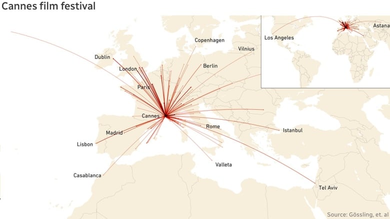 A map of Europe shows red lines from points around the world flying into Cannes, France.