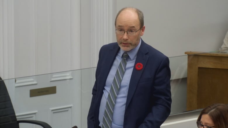 Green MLA Matt MacFarlane rises in the provincial legislature in Charlottetown Wednesday. 