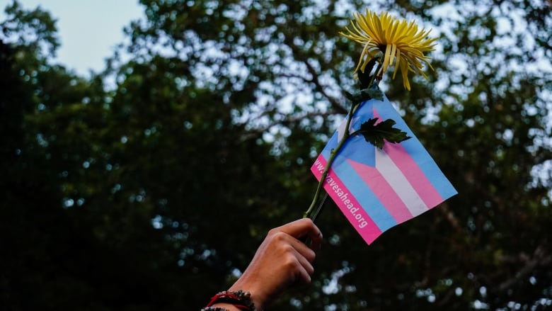 An arm holds up a transgender pride flag and a flower.