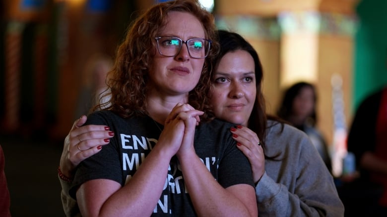 People giving their first names Erika, left, and Leeann react after an abortion rights amendment to the Missouri constitution passed, Tuesday, Nov. 5, 2024, at a watch party in Kansas City, Mo. (AP Photo/Charlie Riedel)