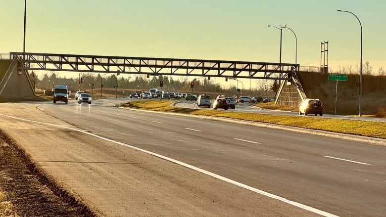 A long shot of a roadway with a pedestrian overpass.