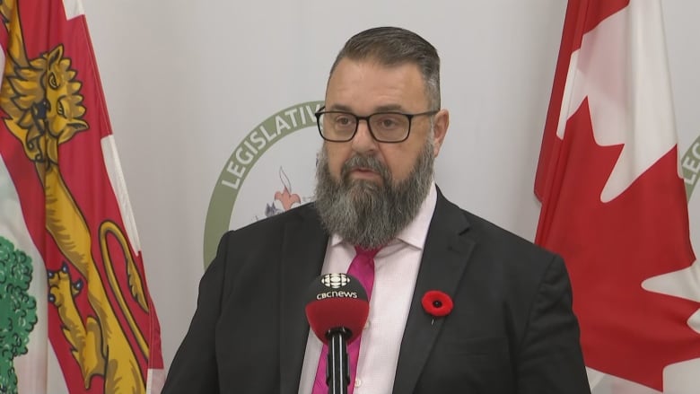 Interim Liberal leader Hal Perry answers questions in the media room of the P.E.I. Legislature on Thursday, Nov. 7, 2024.