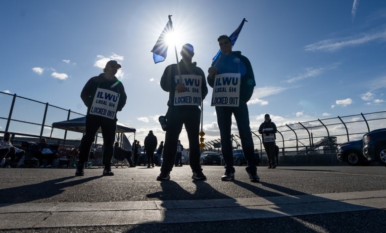 Three people wearing protest signs face the camera against the backdrop of a blue, sunny sky. The signs read 