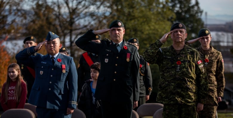 Members of the military are pictured wearing poppies.