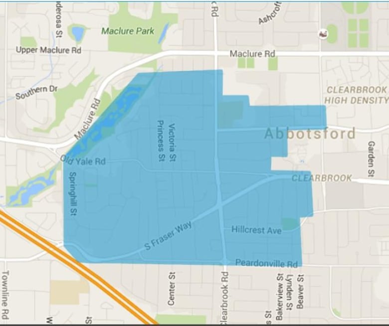 A blue highlighted area around Fraser Way and Old Yale Road in Abbotsford.