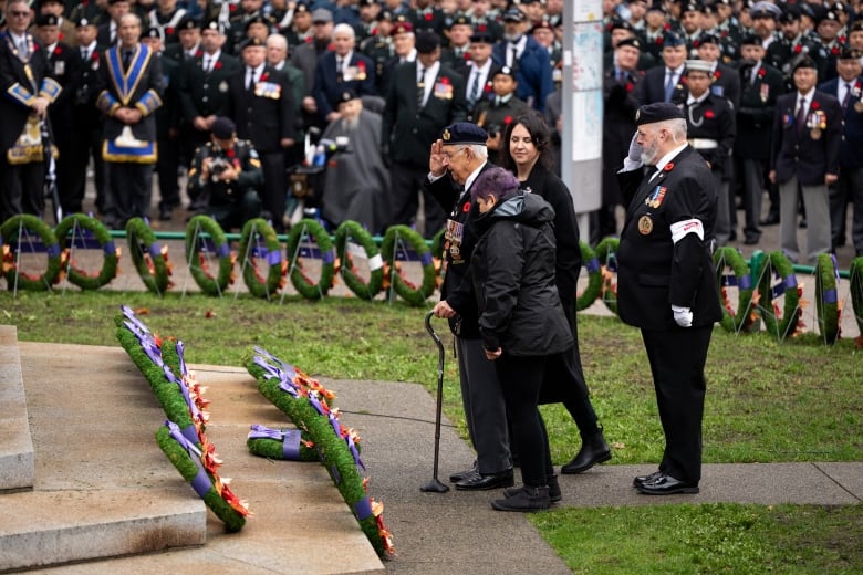 A veteran salutes a row of wreaths and a cenotaph in front of a crowd