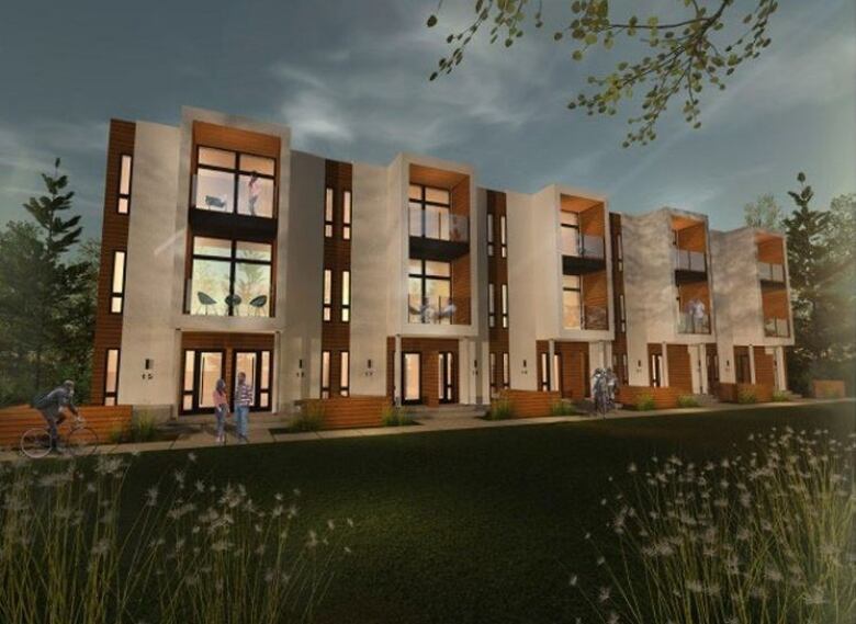 This rendering is from a development application to build townhouses on the property. Council approved the application in 2023, but the site was never developed. 