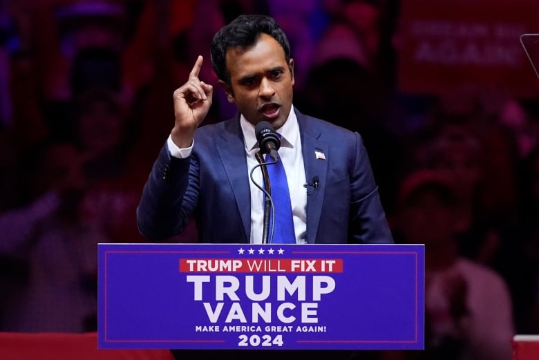 Vivek Ramaswamy is seen speaking at an October 2024 campaign event for then-Republican nominee Donald Trump, who went on to win the Nov. 5 U.S. election and become the president-elect.