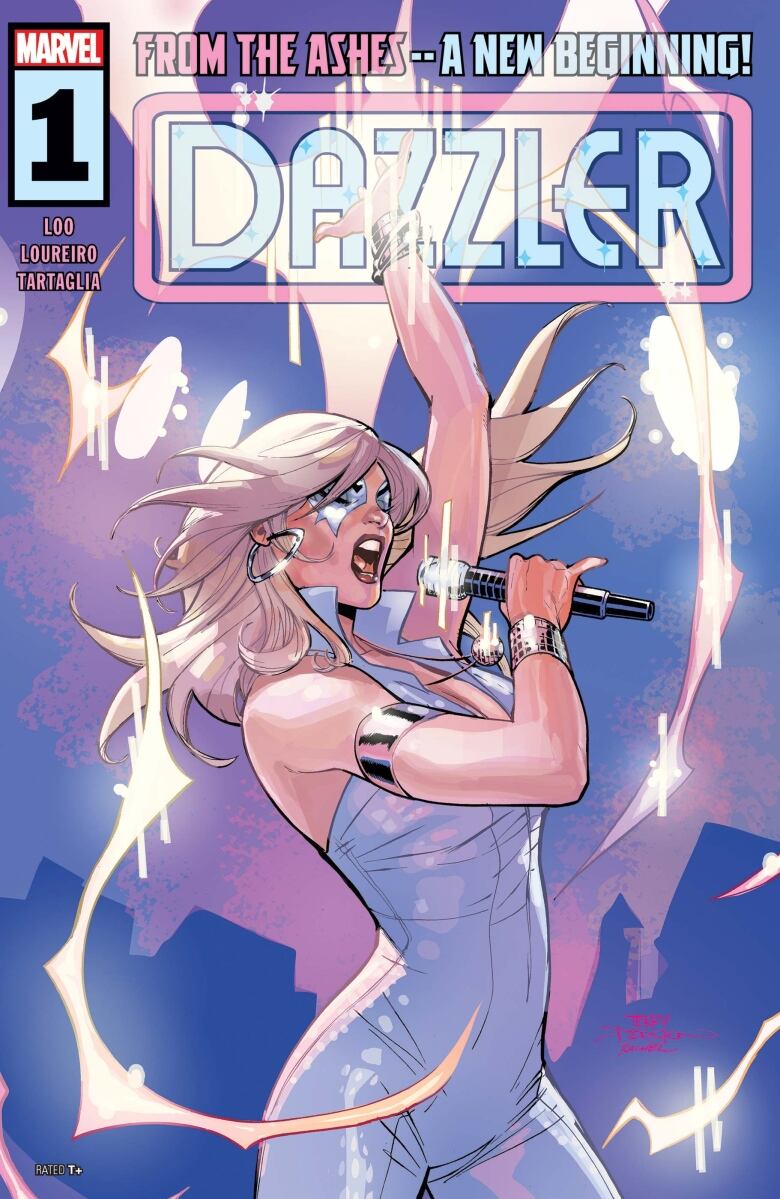 Dazzler sings into a microphone with sparks surrounding her. She's in her signature silver bodysuit.