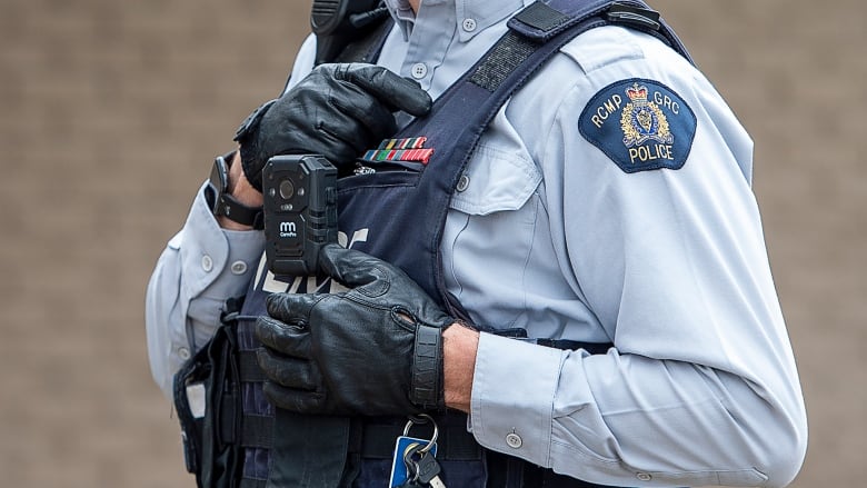 An RCMP officer wears a body camera at the detachment in Bible Hill, N.S., on Sunday, April 18, 2021.