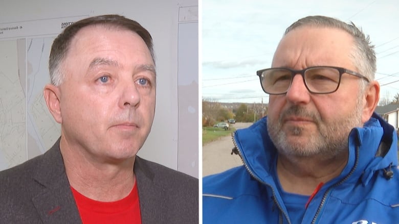 A split screen image of two men. Left, dark-haired man, grey suit jacket and red shirt. Right, man with glasses, grey hair, beard and moustache and blue windbreaker.