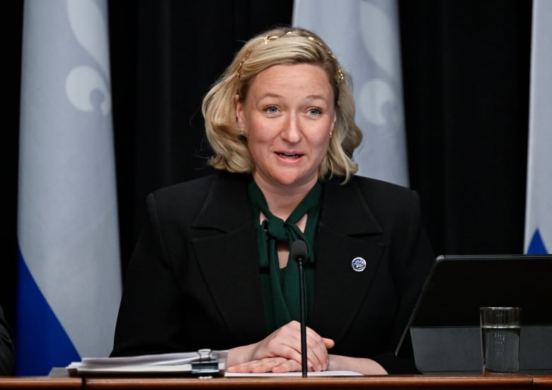 Woman seated in front of Quebec flags 