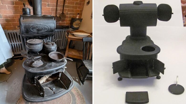 A two-paned photo. On the left, a black Starr stove. On the right, a miniature version of a black Starr stove.