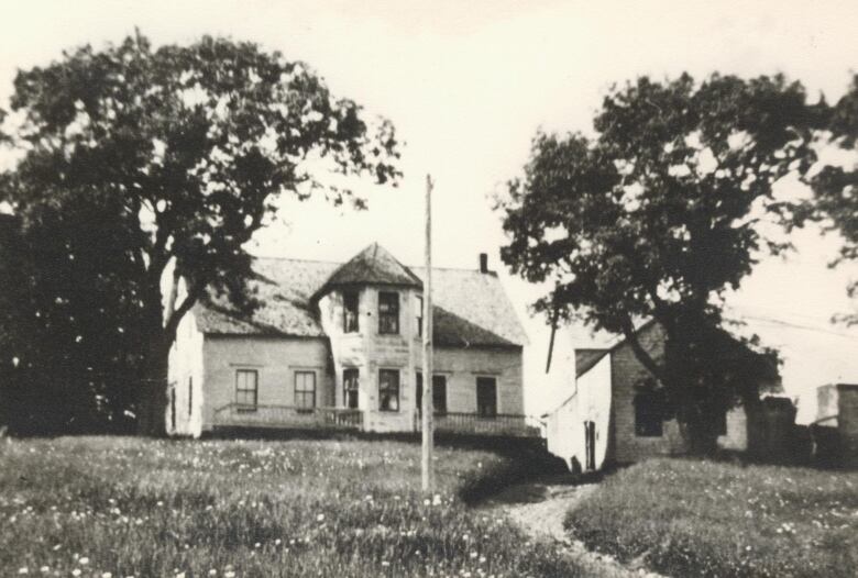 A sepia photo of a house on a grassy hill, shrouded with two trees.