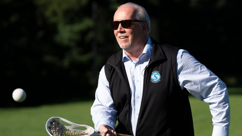 Man in a fleece and open-necked shirt wearing shades catches a ball with a lacrosse stick.