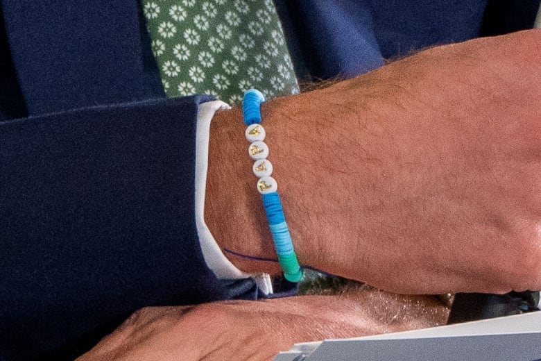 A closeup of person's wrist and a friendship bracelet that says 'Papa.'