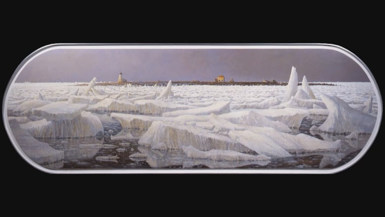 realistic looking painting of white ice surrounding an island