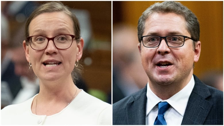 Photo illustration featuring Government House leader Karina Gould, left, and Conservative MP and House Leader of the Official Opposition Andrew Scheer.