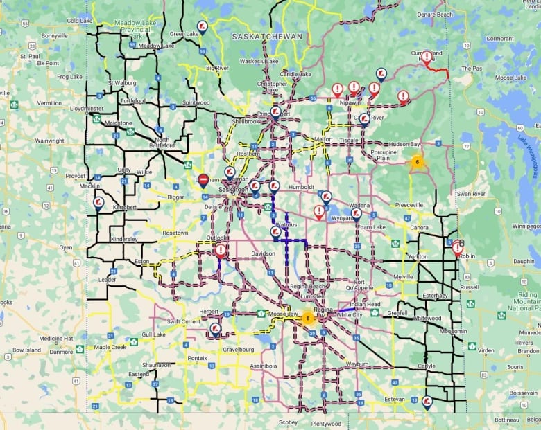 A road map of Saskatchewan on which many of the roads appear as pink.