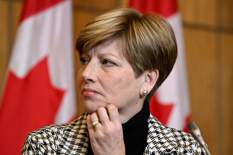 Conservative MP Karen Vecchio listens during a news conference in Ottawa, on Tuesday, Nov. 22, 2022.