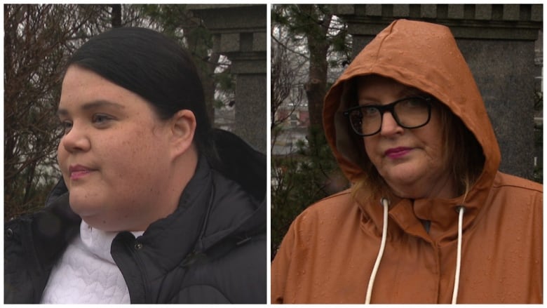 A collage of two photos. On the left, a woman wearing a black vest. On the right, a woman wearing an orange rain coat with the hood up.