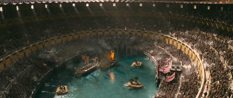 Gladiator II features a wide range of battles including a naval-themed skirmish where the gladiators and roman soldiers maneuvered warships through shark-infested waters.